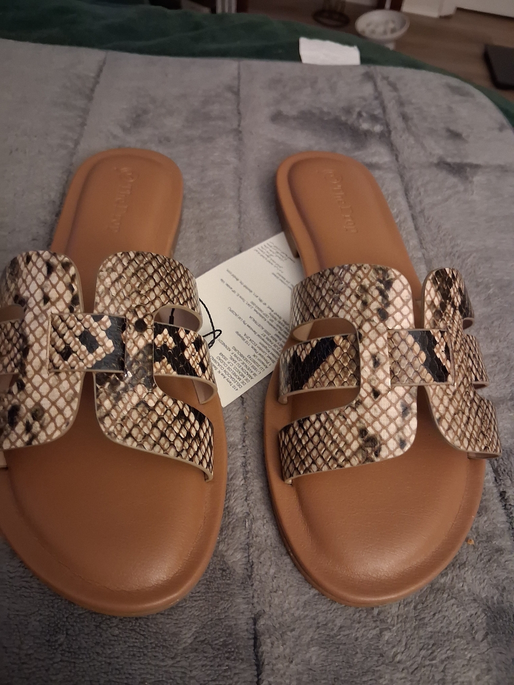 Women’s Tan Slide Sandals with Snake Print Strap